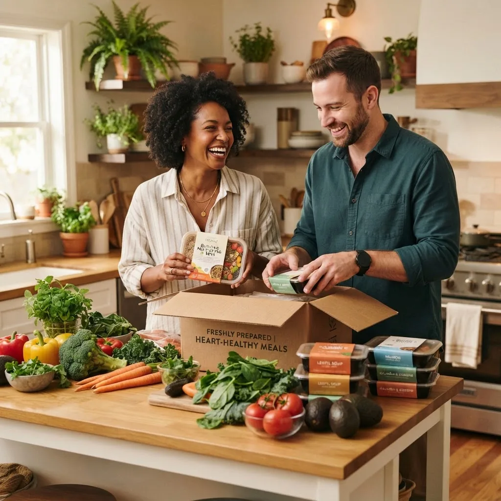 a diverse, smiling couple unpacking heart healthy meal delivery boxes, fresh colorful vegetables and packaged meals visible on counter,