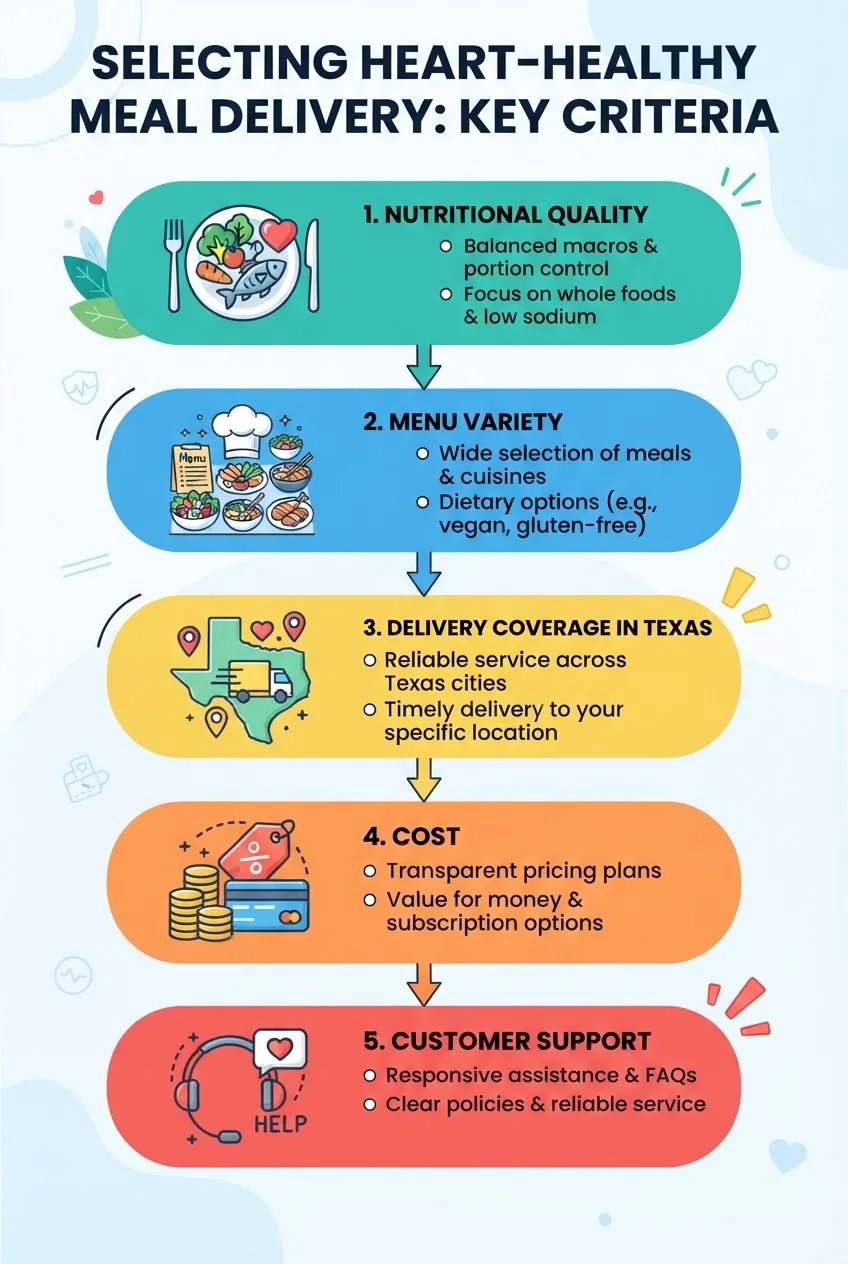 Infographic with a five-step vertical flowchart illustrating key criteria for selecting heart healthy meal delivery: nutritional quality,