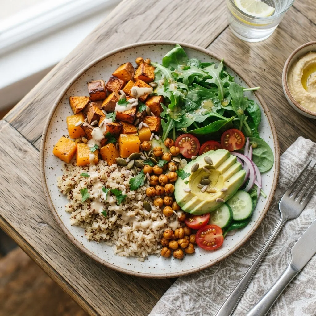 A bright, inviting meal plate photographed from above featuring a balanced dish with high-calorie vegetables like roasted sweet potatoes