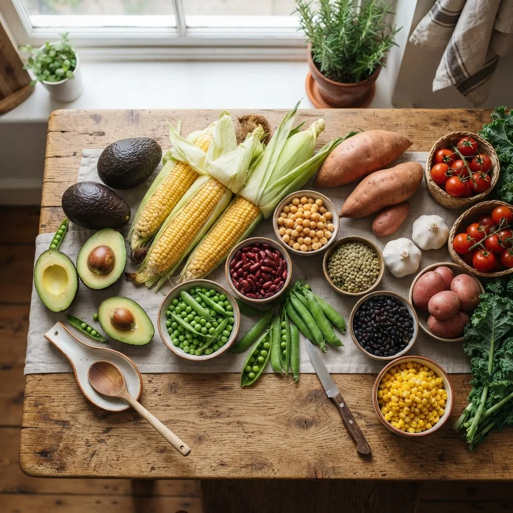 A well-lit, overhead shot of a rustic kitchen table displaying a colorful assortment of high-calorie vegetables including avocados, corn,