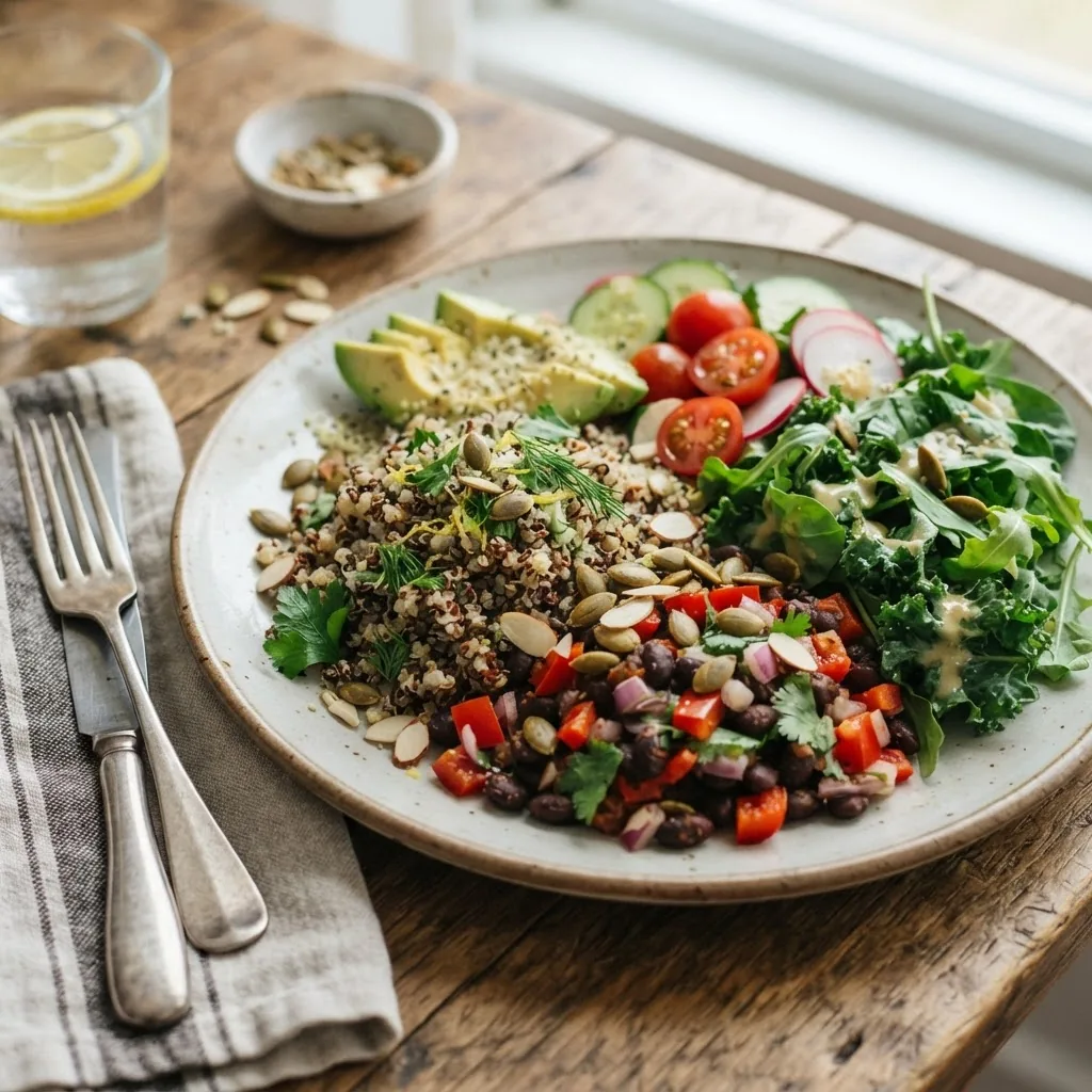 a healthy meal plate featuring low glycemic foods like quinoa, legumes, leafy greens, and nuts on a rustic wooden table, soft natural