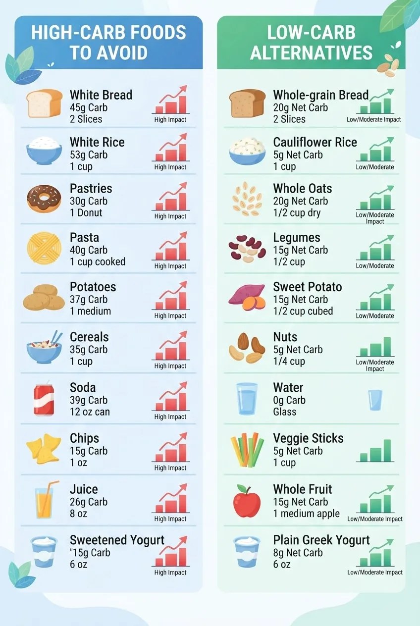 with two columns comparing top 10 high carb foods to avoid on the left (icons: white bread, white rice, pastries, pasta, potatoes, cereals,