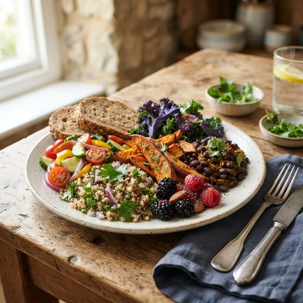 Close-up photo of a colorful plate featuring a variety of complex carbohydrate foods including whole grains, legumes, fruits, and starchy