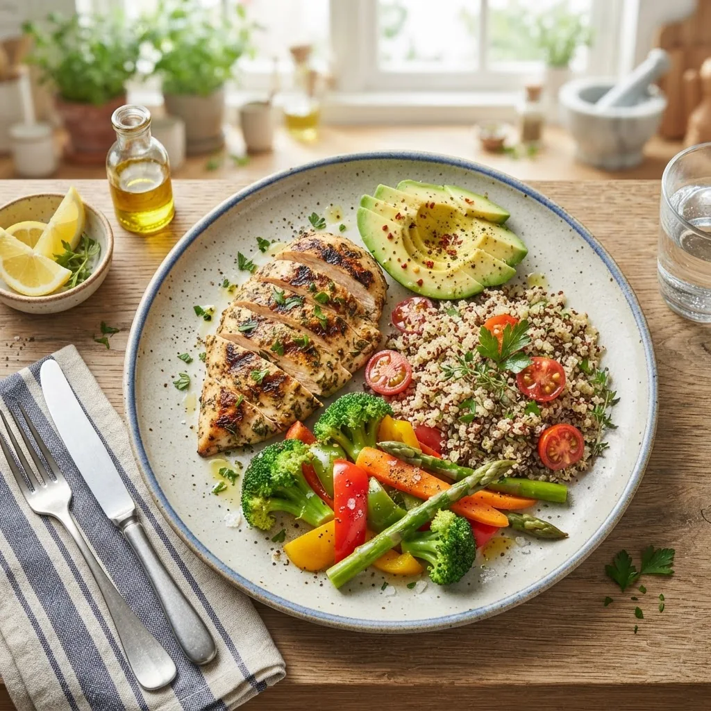 Overhead shot of a balanced meal plate showing a portion of grilled lean chicken breast, quinoa, steamed vegetables, avocado slices, and a
