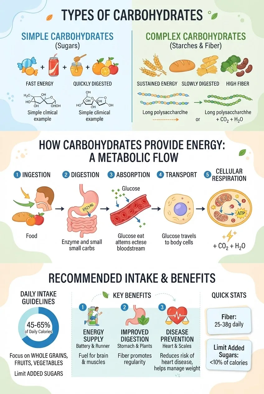 Infographic with three horizontal sections: (1) Types of carbohydrates (simple vs complex) with icons and examples, (2) How carbohydrates