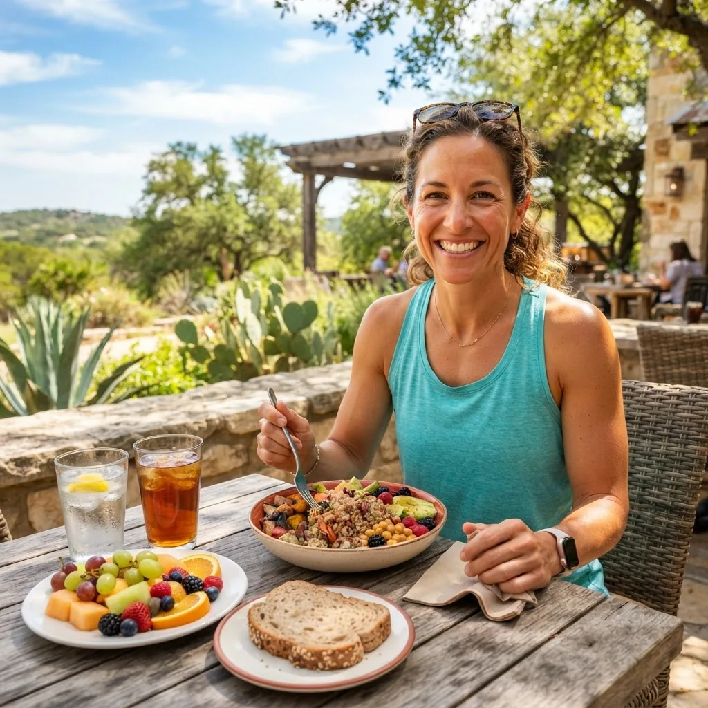 an active adult in Texas outdoor setting, smiling and enjoying a healthy meal with visible plates of whole grain dishes and fresh fruits,
