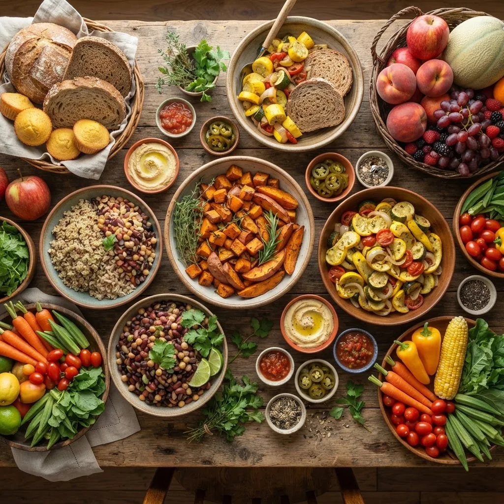 a rustic wooden table spread featuring a variety of healthy carbohydrate-rich foods such as whole grains, legumes, fresh fruits,