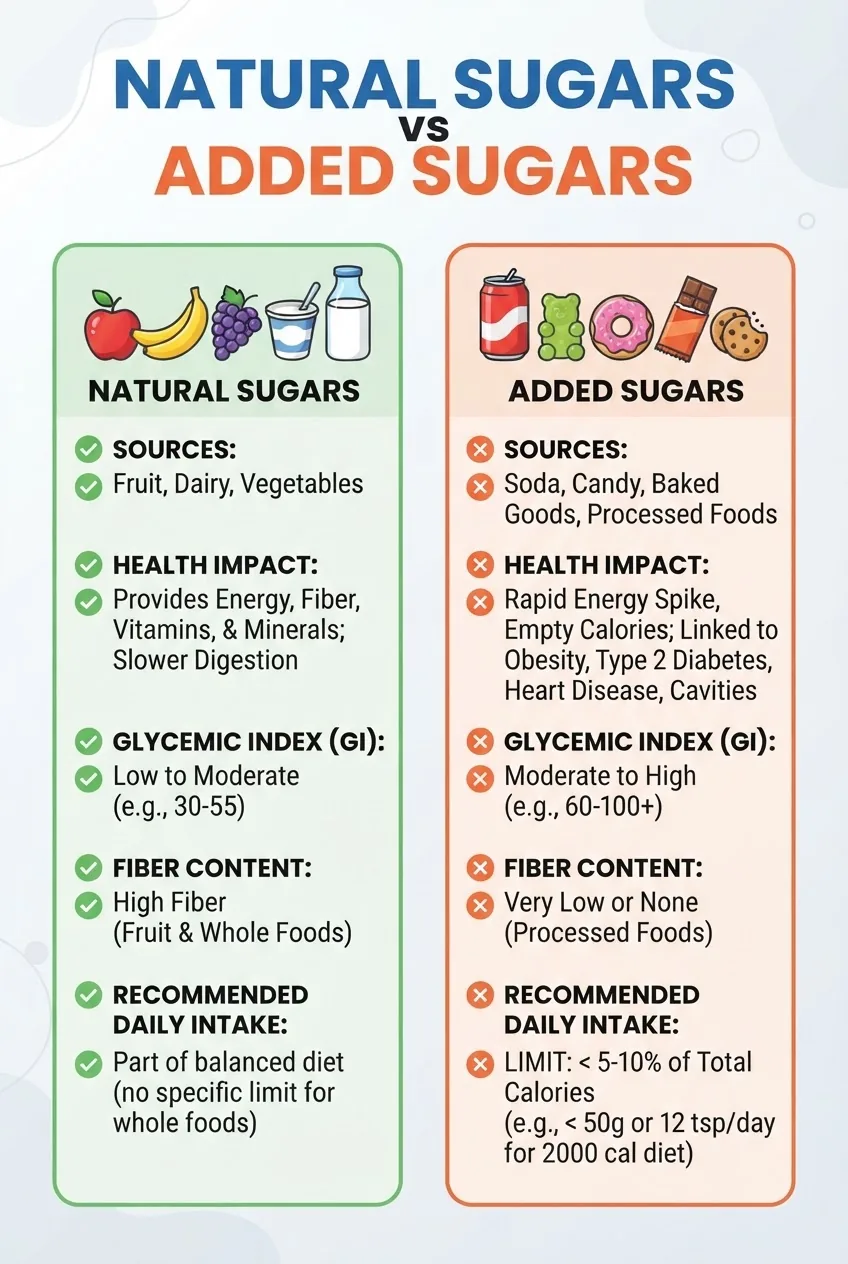 split into two columns comparing natural sugars and added sugars, each column includes icons representing examples (fruit and dairy vs soda