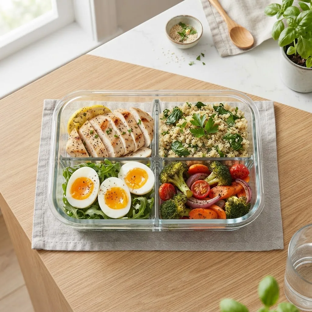 a meal prep container with neatly packed portions of grilled chicken, quinoa, roasted vegetables, and boiled eggs ready for breakfast;