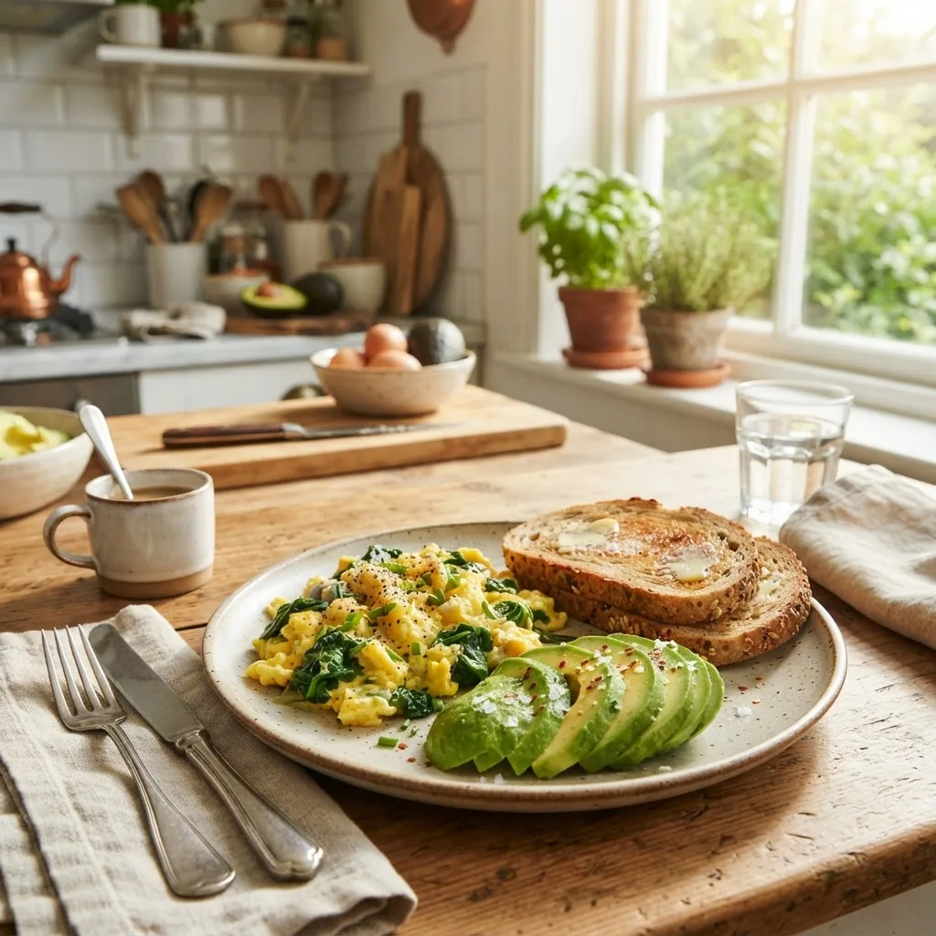 bright, well-lit kitchen scene showing a colorful plate of high protein breakfast including scrambled eggs with spinach, sliced avocado,