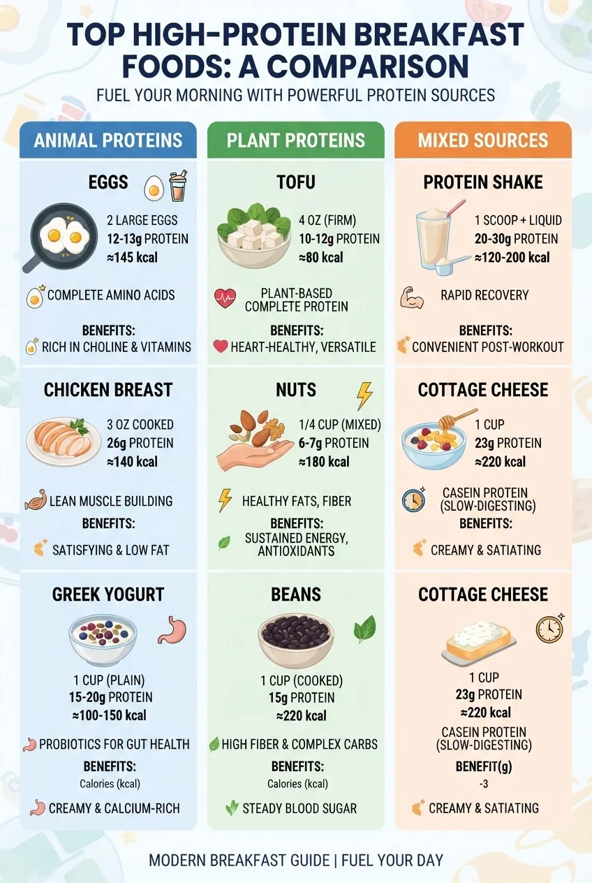 compares top high protein breakfast foods: Animal Proteins (eggs, chicken breast, Greek yogurt), Plant Proteins (tofu, nuts, beans), and