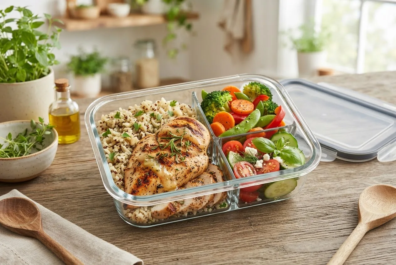 A high-resolution overhead image of a meal prep container with perfectly cooked grilled chicken breast, steamed vegetables, brown rice, and