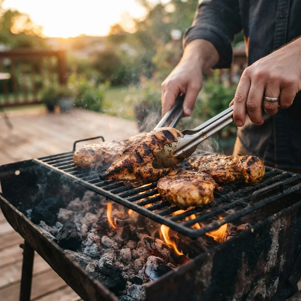 Close-up of hands grilling chicken breast on a charcoal grill outdoors, flames visible, showing slight char marks, golden lighting at