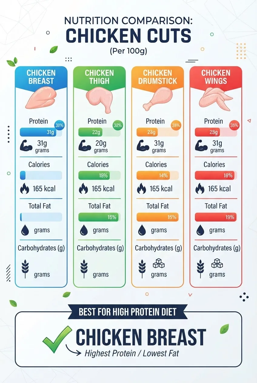 comparing protein, calories, fat, and carb content per 100g of chicken breast, thigh, drumstick, and wings. Each cut has its own vertical
