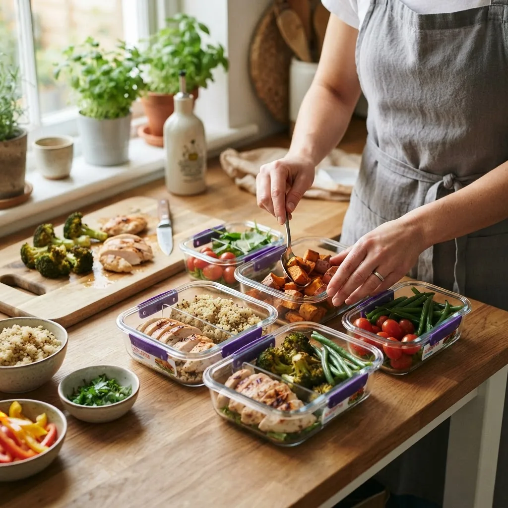 n inviting scene of a meal prep station with various containers filled with portioned lean proteins, vegetables, and grains on a wooden