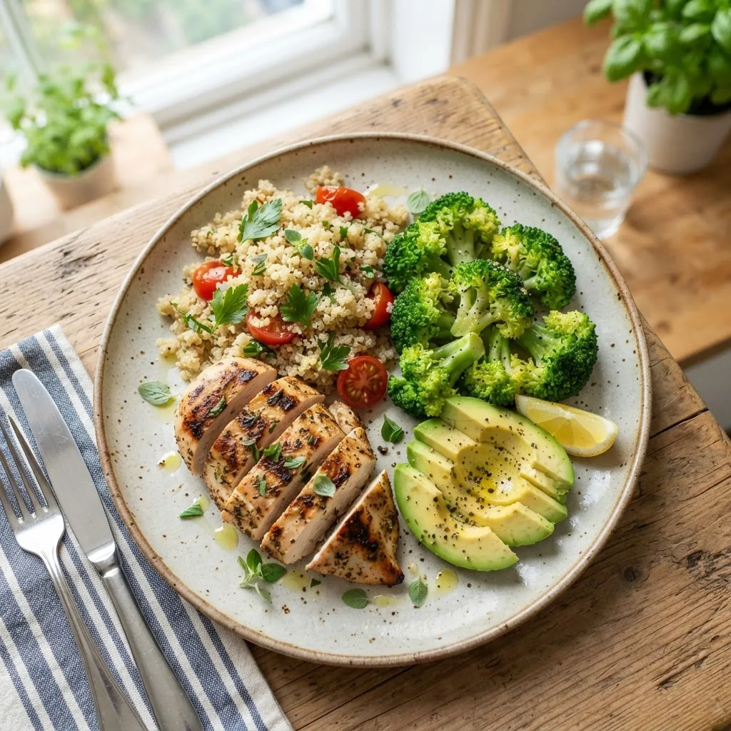 a balanced plate featuring grilled chicken breast, steamed broccoli, quinoa, and avocado slices, shot from overhead with natural daylight