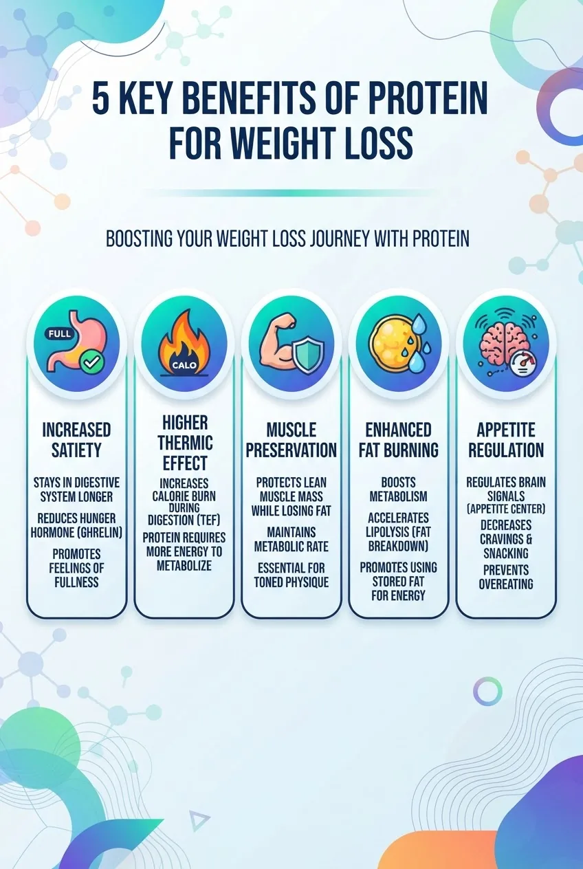 illustrates five key benefits of protein for weight loss: 1) Increased satiety (icon of a full stomach), 2) Higher thermic effect (flame