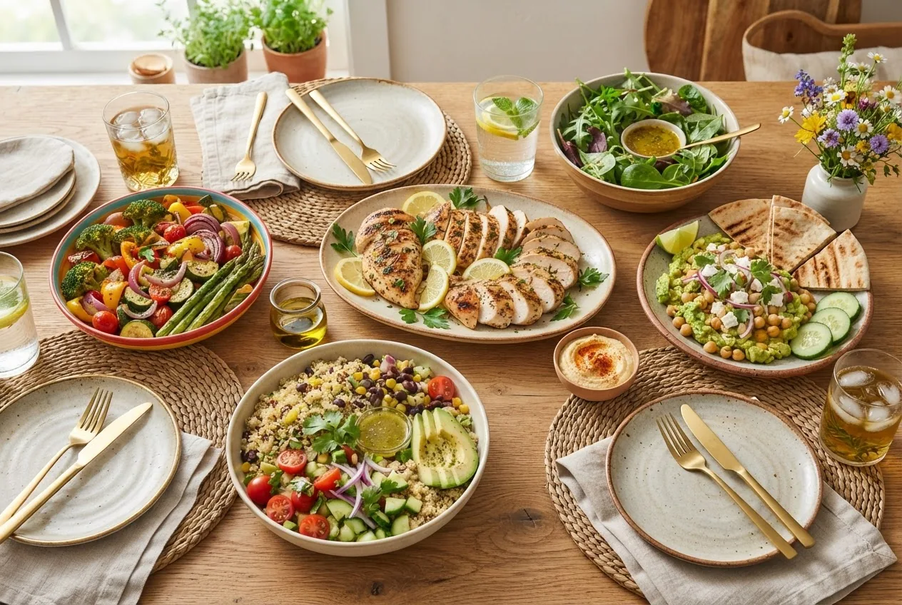 colorful dinner table setting featuring an array of high protein dishes including grilled chicken breast, roasted vegetables, quinoa salad,