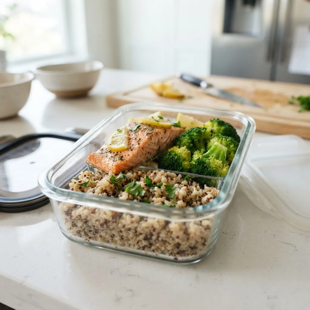 neatly organized refrigeration container with a prepared high protein meal including baked salmon, steamed broccoli, and brown rice, shot