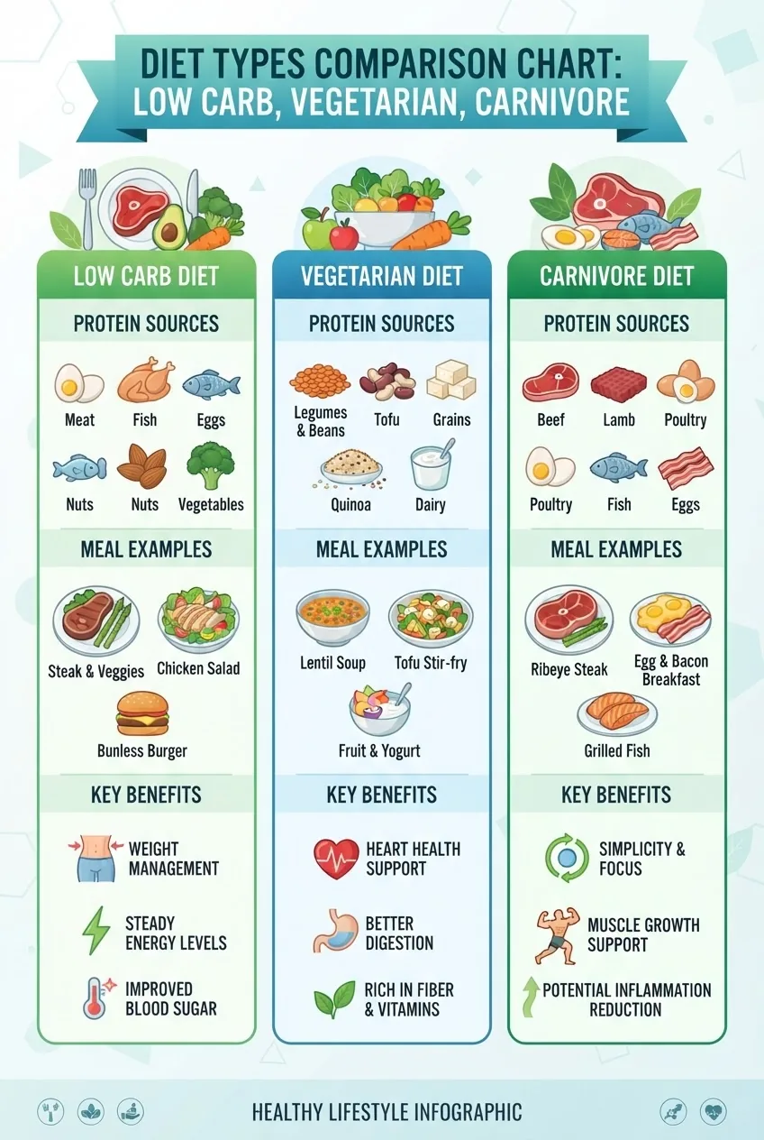 with a three-column comparison chart showing diet types (Low Carb, Vegetarian, Carnivore) across protein sources, meal examples, and key
