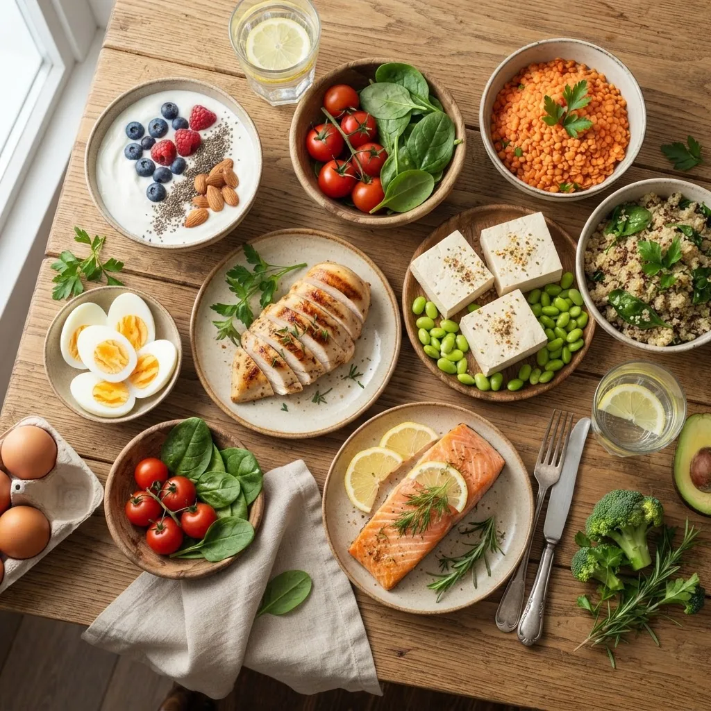 A colorful flat-lay photo of various high-protein foods for muscle growth arranged on a wooden kitchen table under natural light; includes