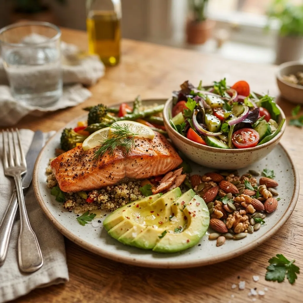 Close-up of a healthy meal plate featuring grilled salmon, avocado slices, nuts, and a side salad with olive oil dressing; warm kitchen