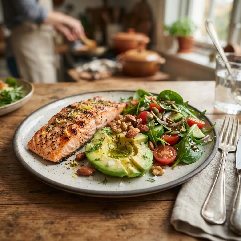 Close-up of a healthy meal plate featuring grilled salmon, avocado slices, nuts, and a side salad with olive oil dressing; warm kitchen