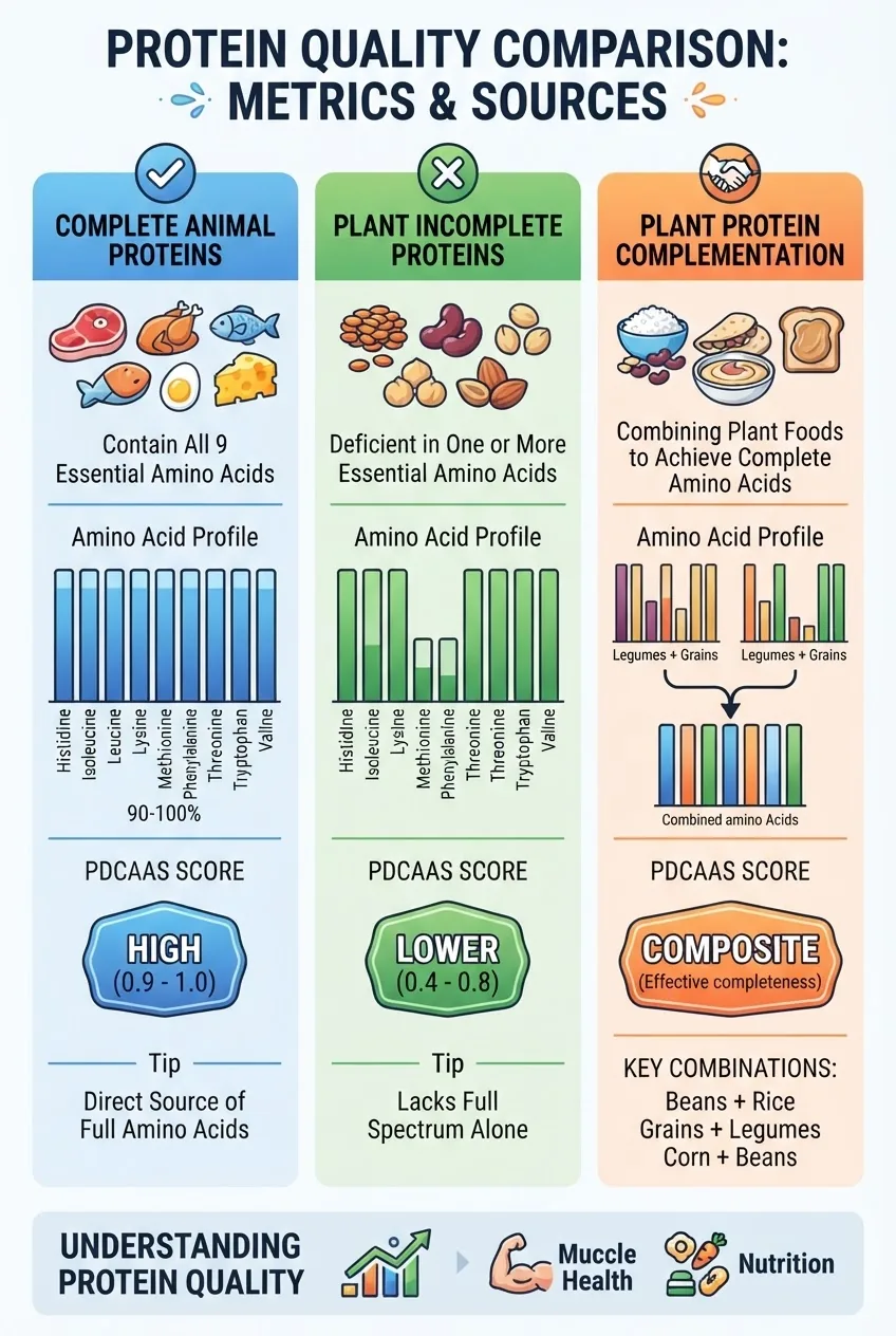 An infographic with a three-column comparison of protein quality metrics: animal complete proteins, plant incomplete proteins, and plant