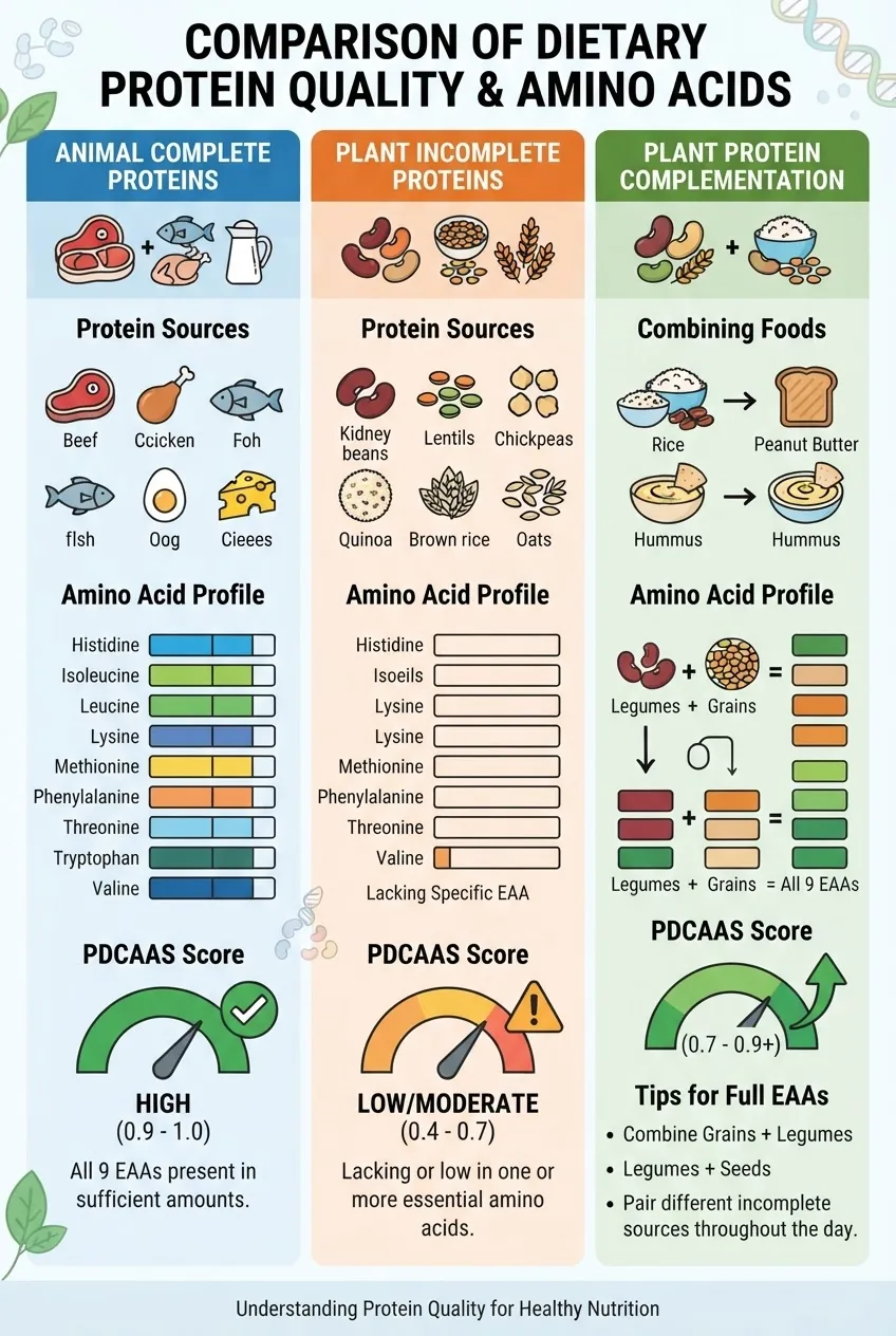 An infographic with a three-column comparison of protein quality metrics: animal complete proteins, plant incomplete proteins, and plant