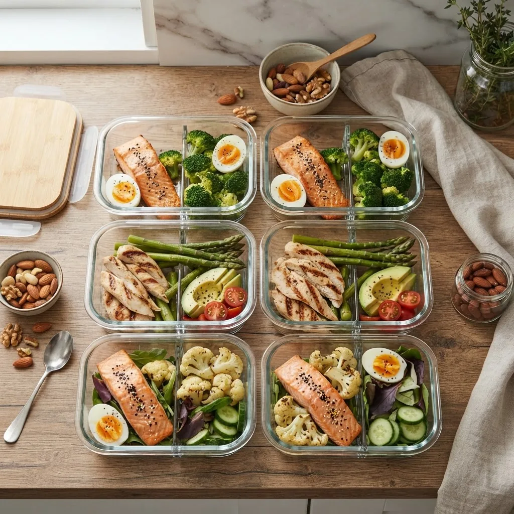 An overhead shot of a neatly organized meal prep setup with containers of various high protein, low carb meals including eggs, salmon,