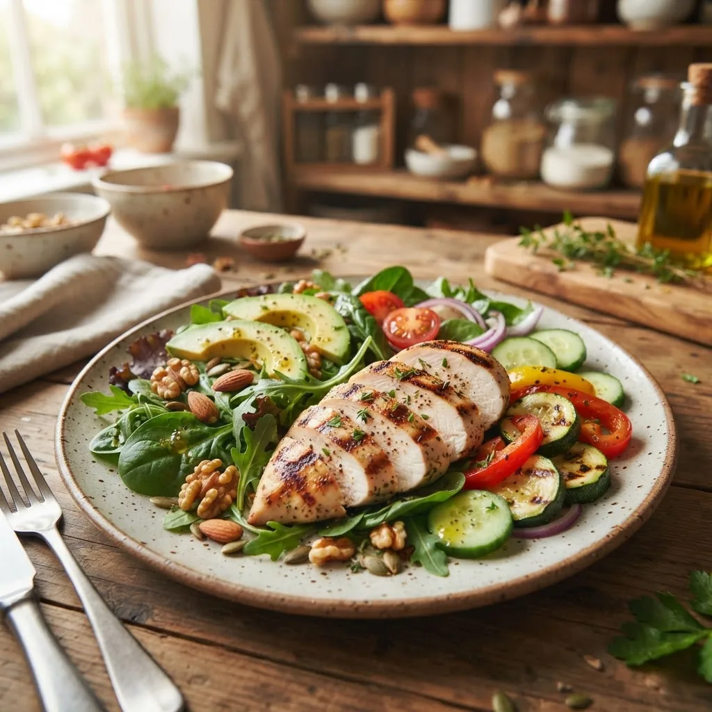 A vibrant, close-up photo of a colorful plate featuring lean grilled chicken breast, fresh leafy greens, avocado slices, nuts, and olive