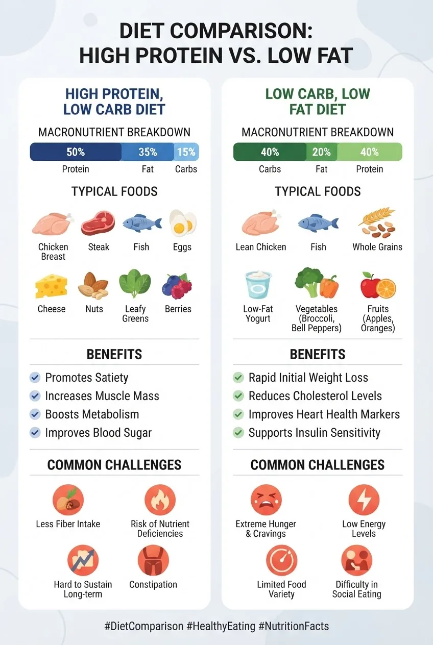 A clean infographic with two side-by-side columns comparing High Protein Low Carb and Low Carb Low Fat diets, each column showing