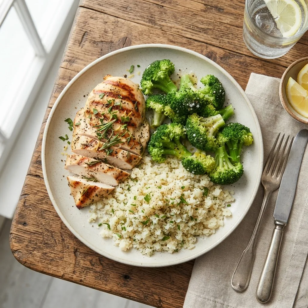 a dinner plate with grilled chicken breast, steamed broccoli, and cauliflower rice, set on a rustic wooden table with natural daylight,