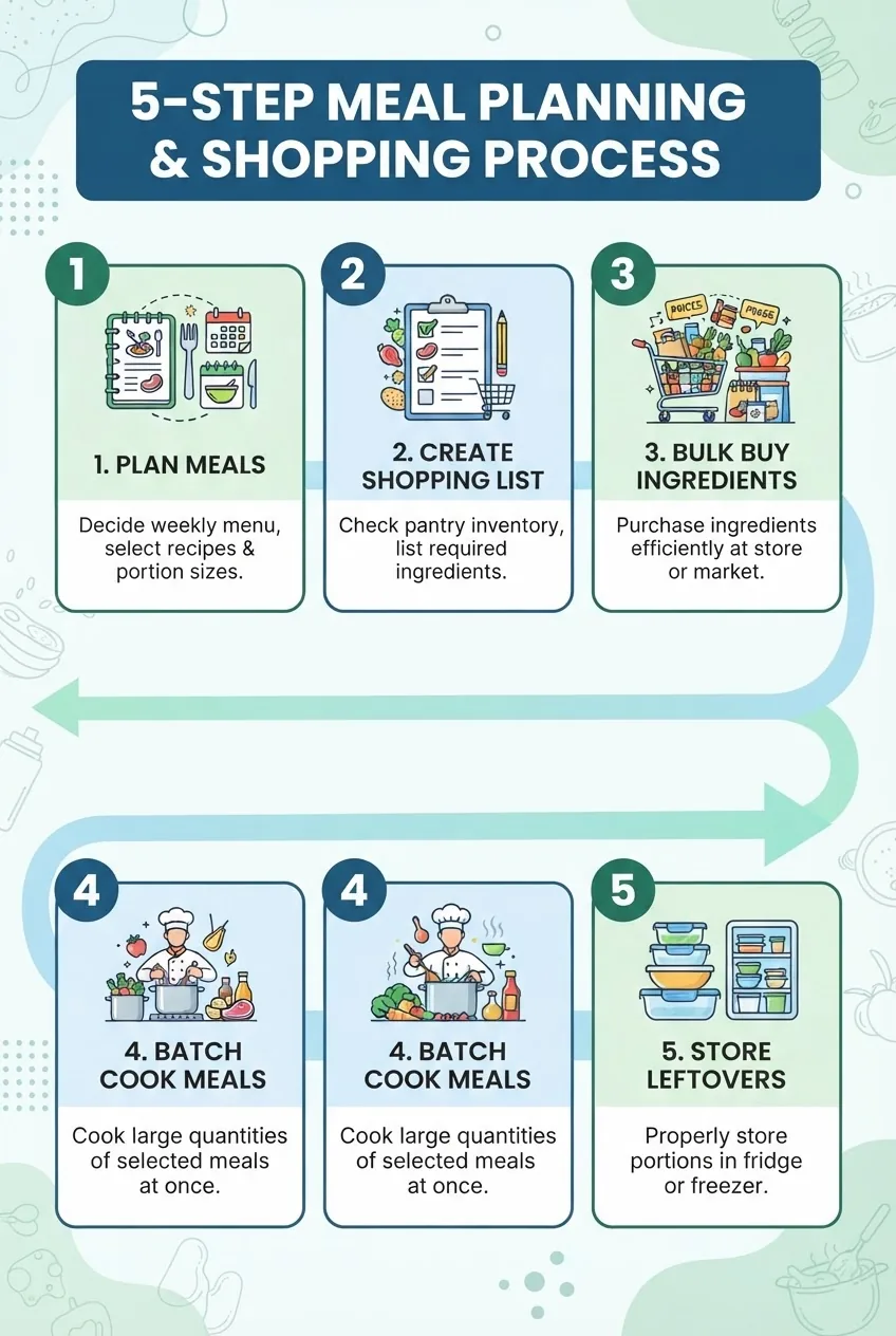 illustrates a 5-step meal planning and shopping process: (1) plan meals, (2) create shopping list, (3) bulk buy ingredients, (4) batch cook