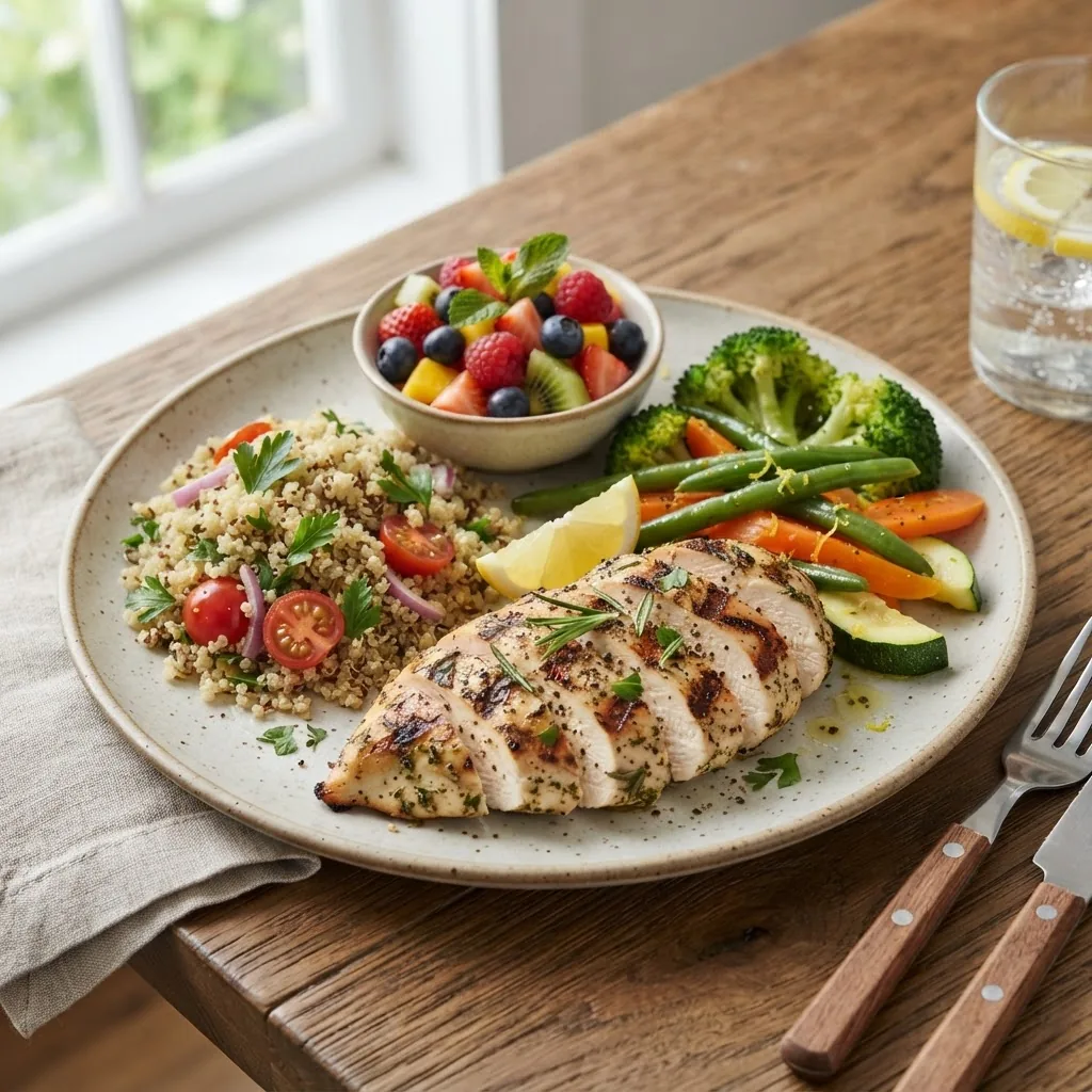 a neatly arranged high protein low fat meal plate including grilled chicken, steamed vegetables, quinoa, and a small fruit salad, natural