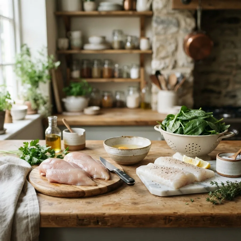 a clean kitchen countertop with fresh raw lean chicken breast, egg whites in a bowl, white fish fillets, and fresh spinach, natural