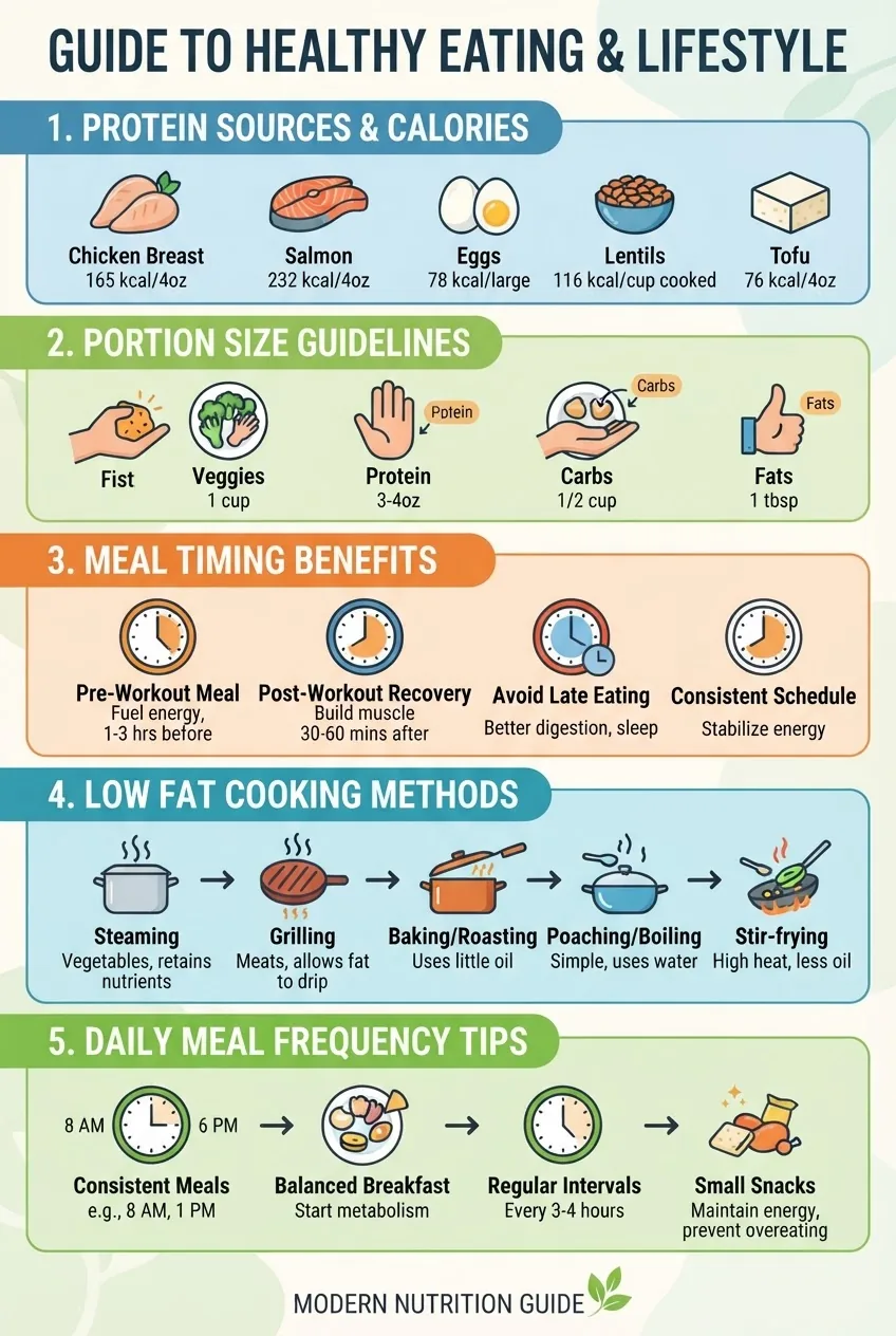 is divided into 5 sections with icons and short text: 1) Protein sources with calorie counts, 2) Portion size guidelines, 3) Meal timing