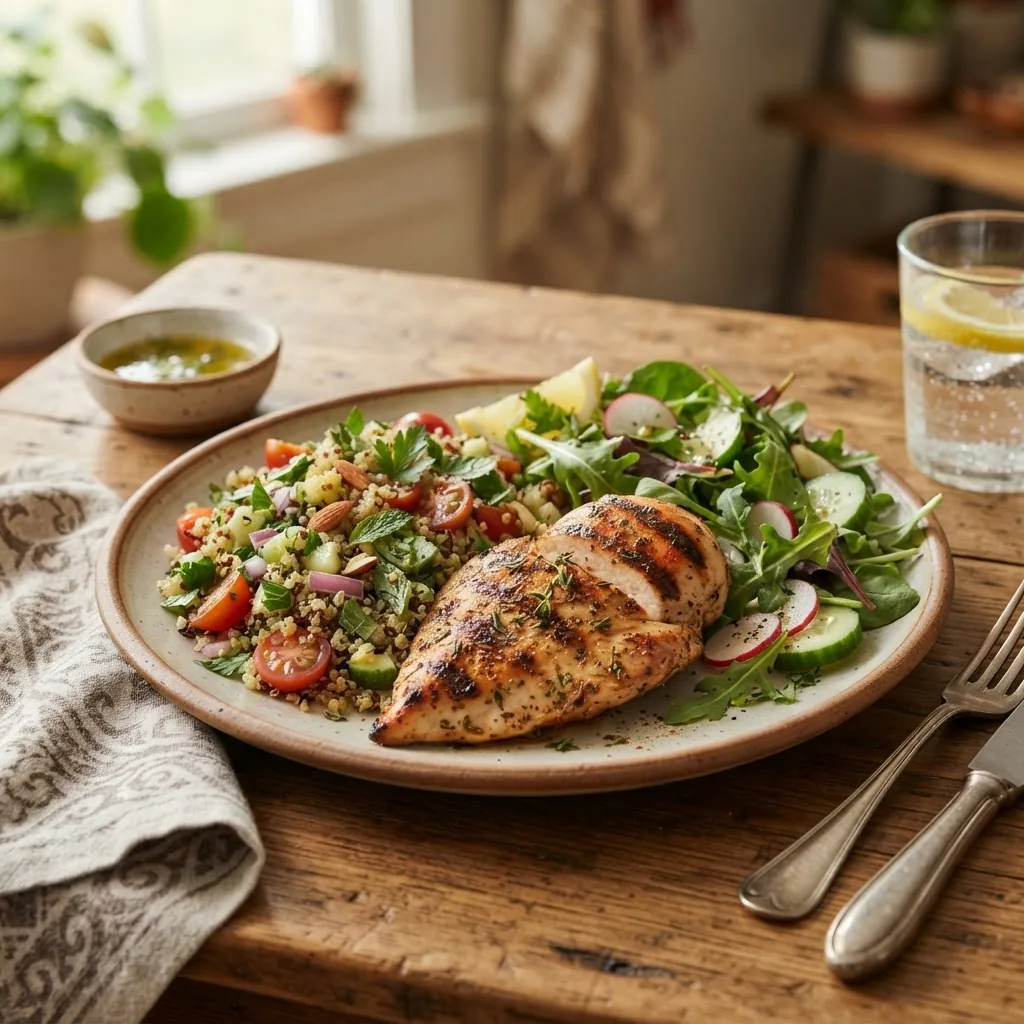 A hearty, visually appealing low sodium lunch plate with grilled chicken, quinoa salad with herbs and lemon, and fresh greens on a rustic