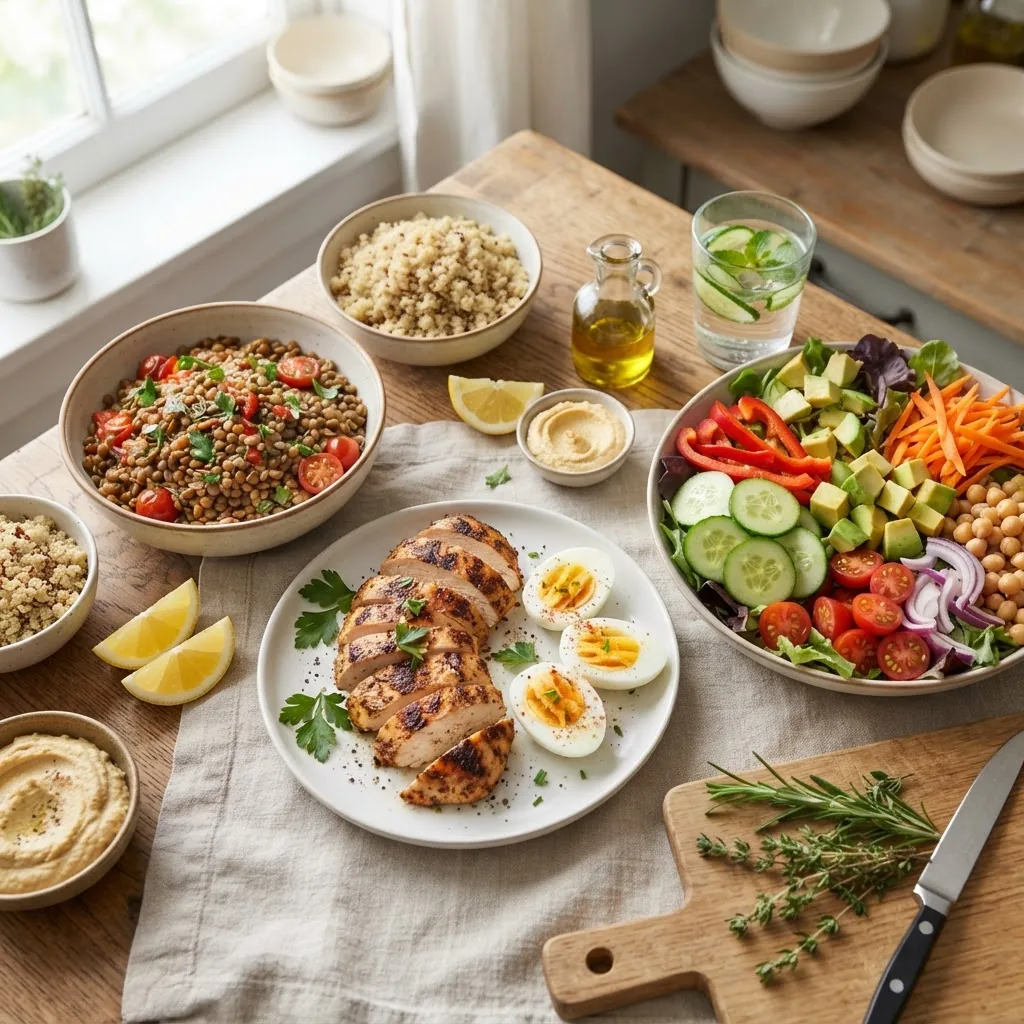 A bright, top-down kitchen scene featuring fresh lean proteins such as grilled chicken breast, boiled eggs, lentils in bowls alongside