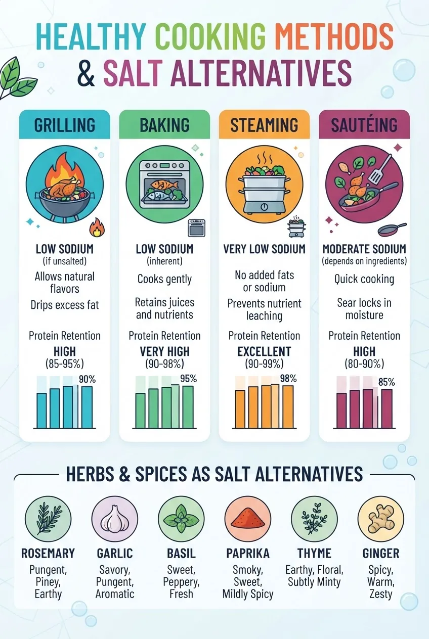 A clean, visually structured infographic showing four cooking methods (grilling, baking, steaming, sautéing) arranged horizontally, each