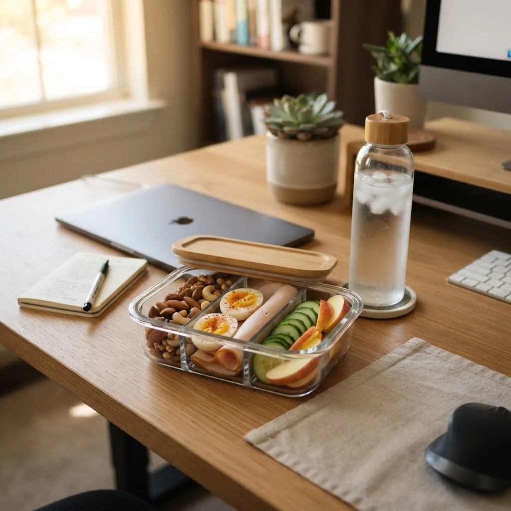 A modern office desk scene with a neatly packed portable container filled with mixed nuts, boiled eggs, turkey slices, sliced cucumbers,