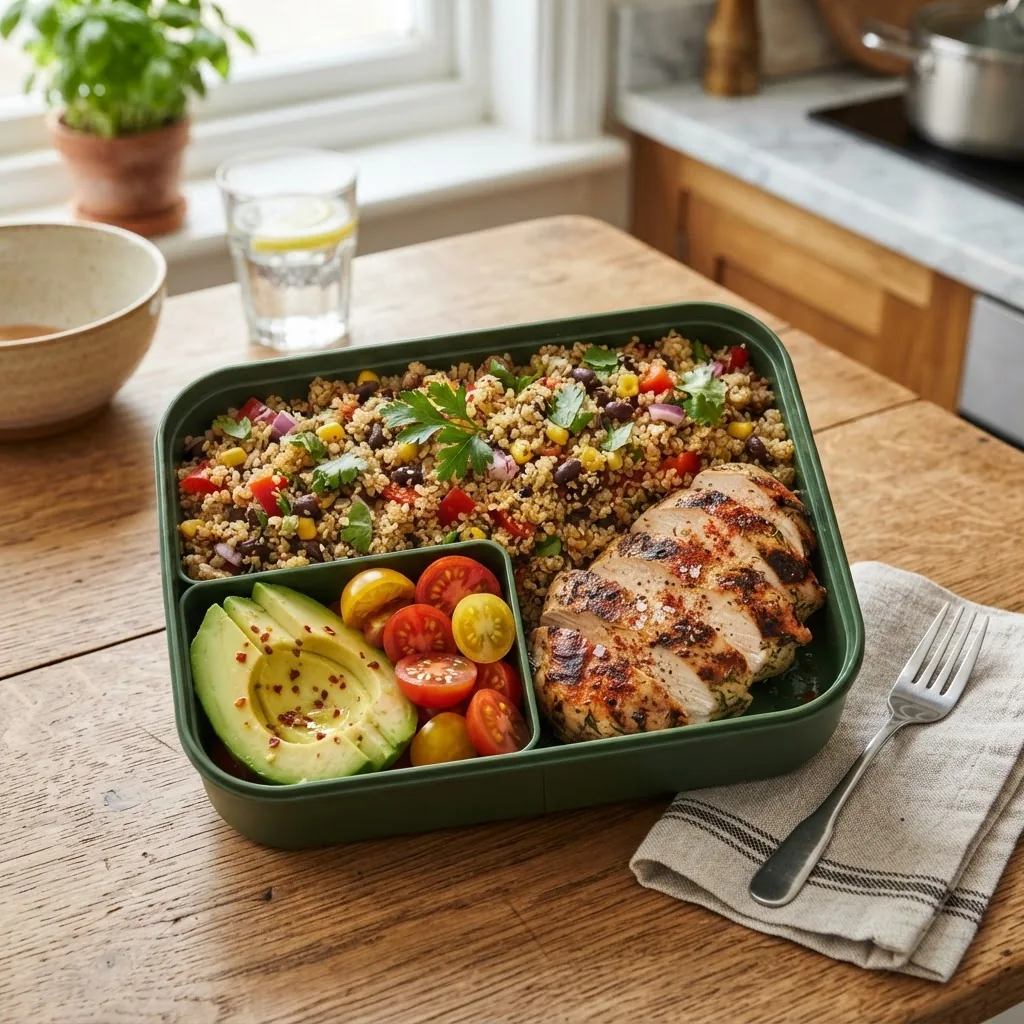 A vibrant overhead shot of a colorful lunchbox containing grilled chicken breast, quinoa salad with black beans and corn, sliced avocado,