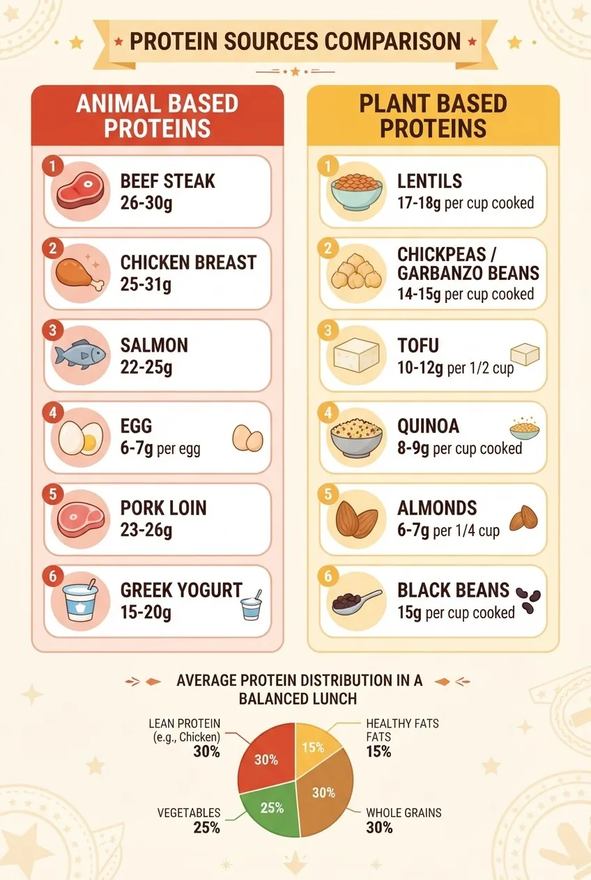 shows two columns labeled "Animal Based Proteins" and "Plant Based Proteins", each listing 6 items with icons and average protein grams per
