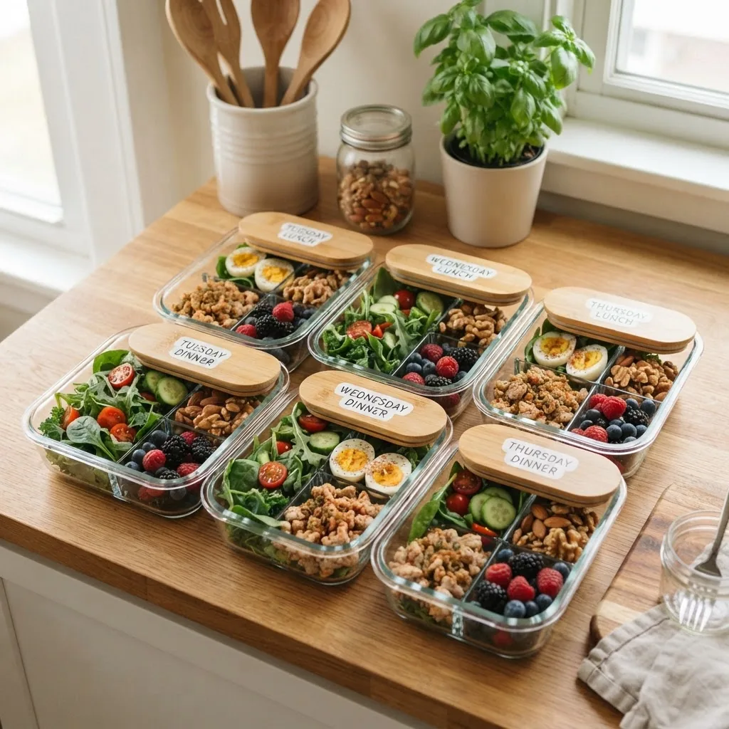 colorful and inviting three-day meal prep image with glass containers showing labeled portions of eggs, lean turkey, mixed greens, nuts,
