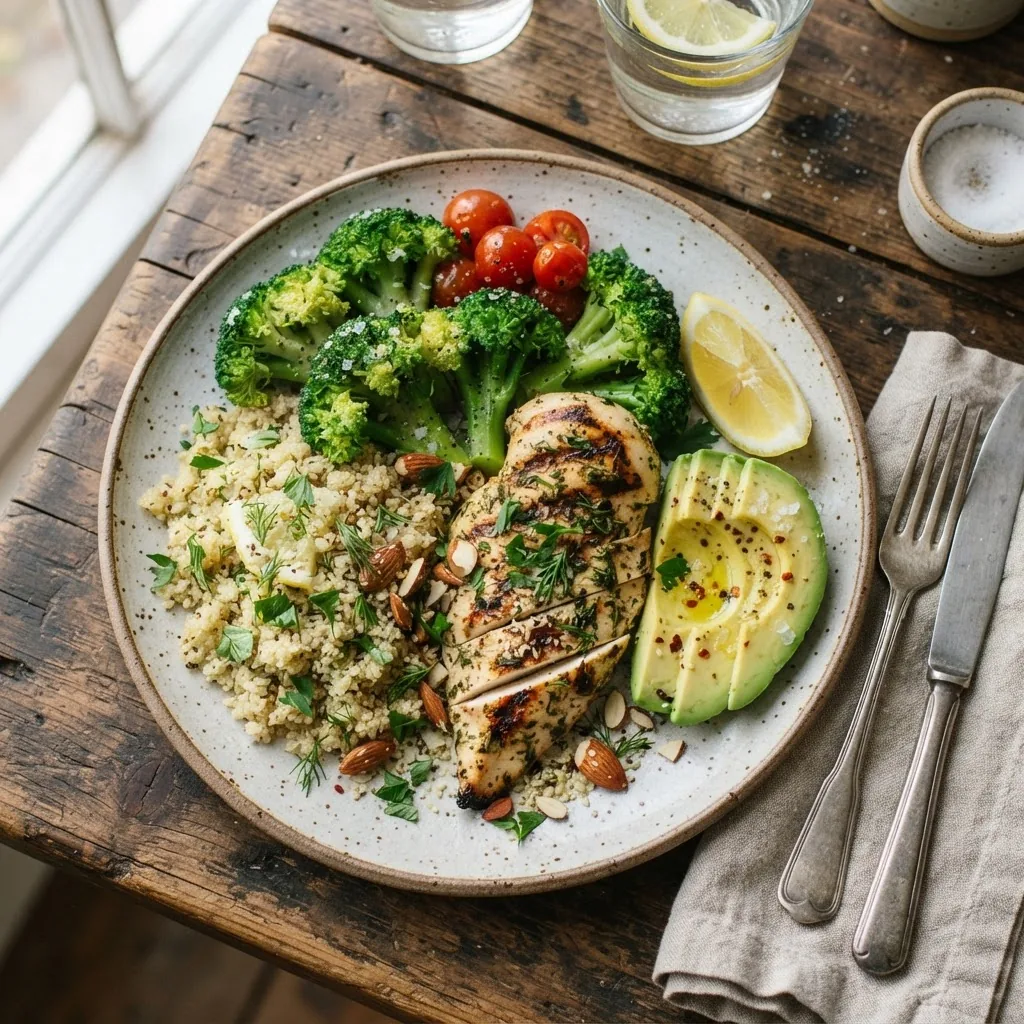a balanced plate featuring grilled lean chicken breast, steamed broccoli, quinoa, and avocado slices on a rustic wooden table with natural