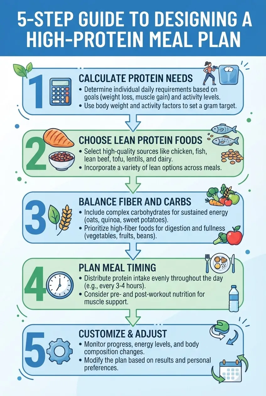 An infographic showing a 5-step vertical flowchart illustrating steps in designing a high protein meal plan: Step 1: Calculate Protein