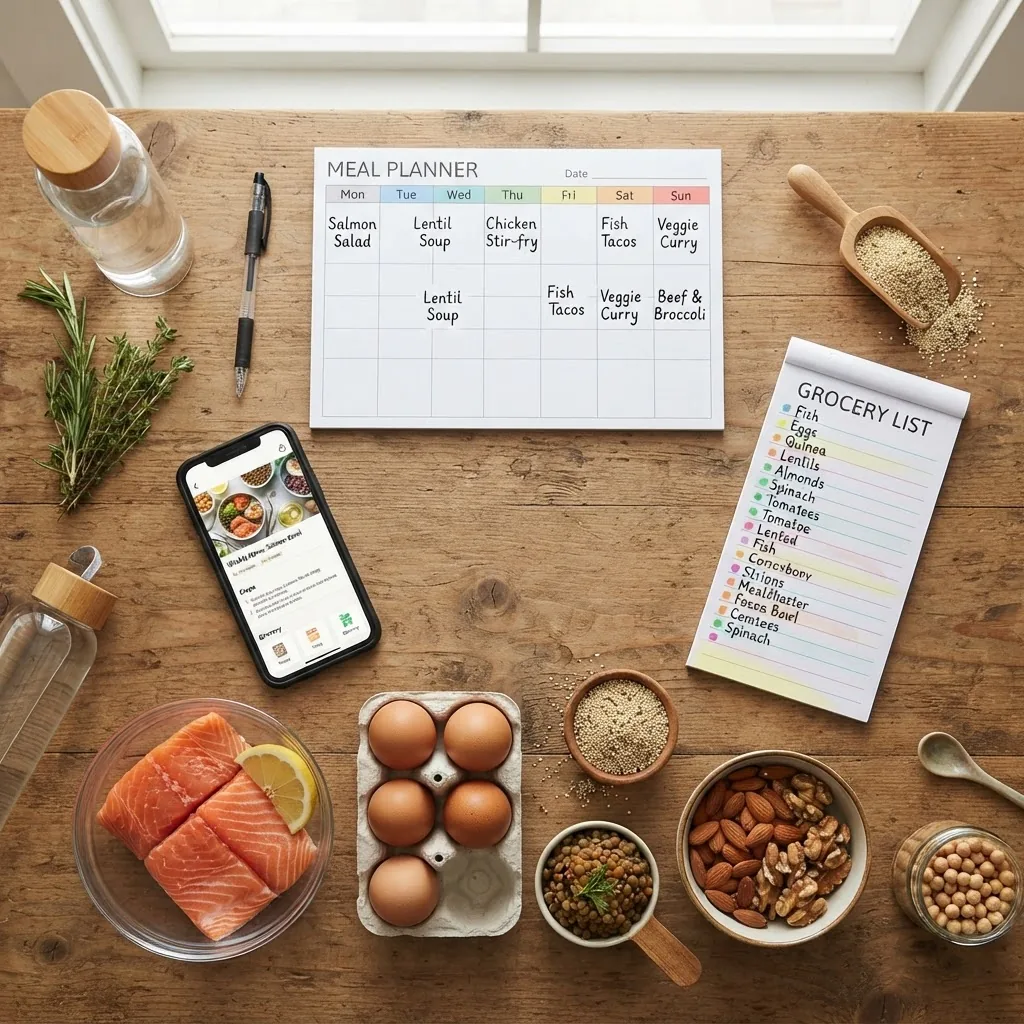 clean, organized flat lay of a meal planning workspace featuring a weekly planner, colorful grocery list, smartphone with a meal prep app