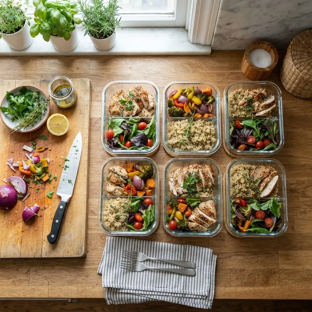 A bright, overhead shot of a neatly arranged meal prep setup on a kitchen counter including containers filled with grilled chicken breast,