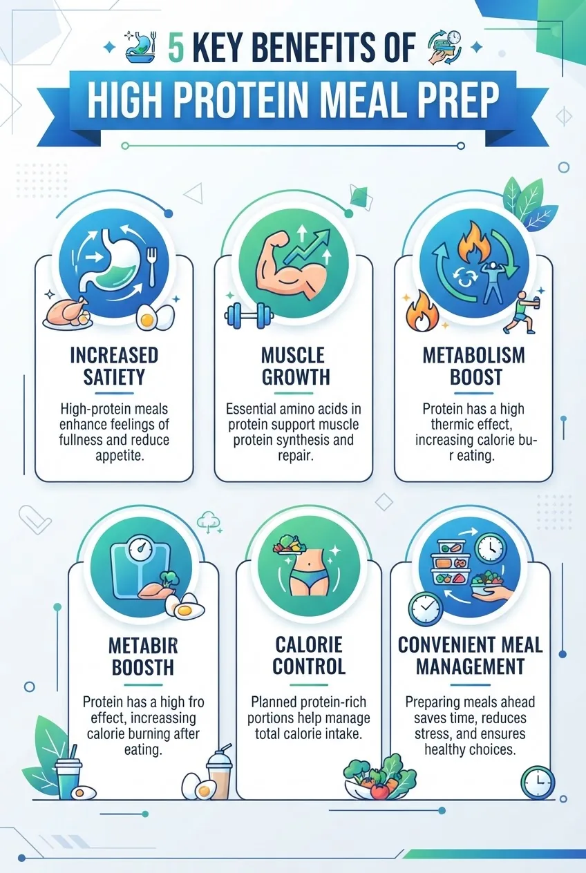 illustrates five key benefits of high protein meal prep with icons: increased satiety, muscle growth, metabolism boost, calorie control,