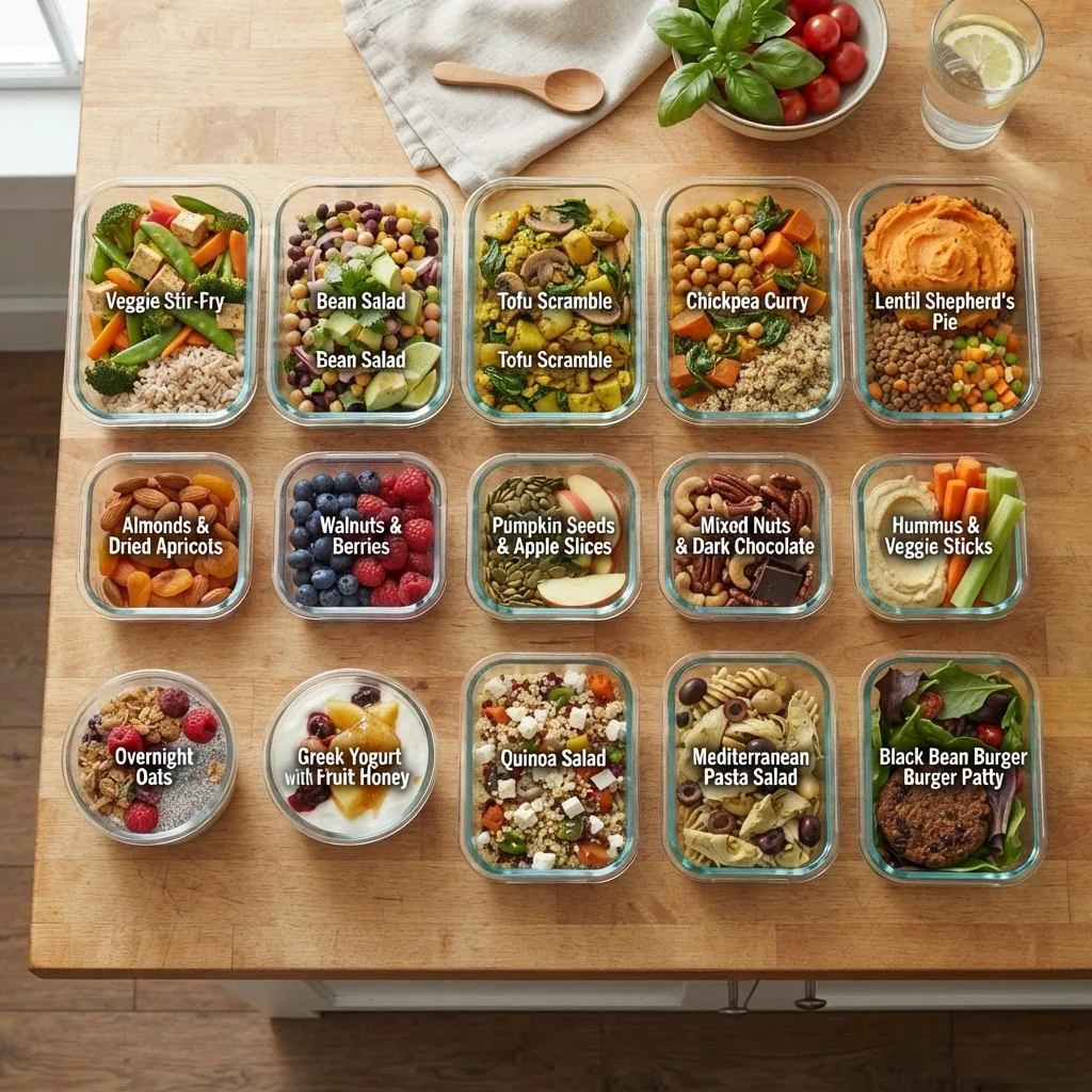 an overhead shot of colorful prepared vegetarian meals laid out for a week, including protein-rich dishes like veggie stir-fries, bean